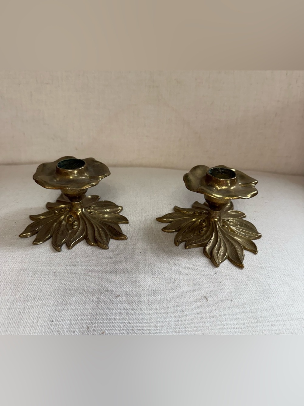 Vintage Gilde Handwerk Brass Flower Candle Holders MCM Art Nouveau Leaf